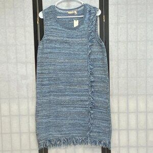 Holding Horses Anthropology Fringe Knit Shift Dress Blue L Sleeveless Woven NEW